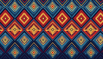 Ethnic pixel art pattern with geometric diamonds in blue, red, and yellow tones, a perfect fit for wallpapers, textiles, and traditional crafts