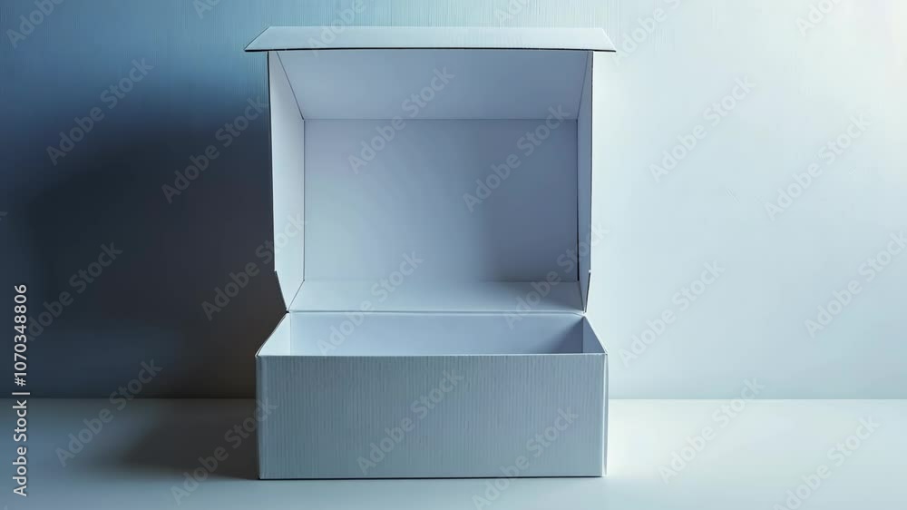 Poster an empty white box sits open on a white surface against a blue background