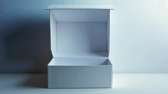 An empty white box sits open on a white surface against a blue background