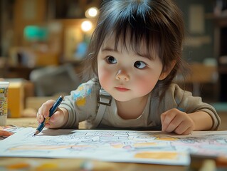 A young child focused on coloring a drawing, showcasing creativity and concentration.