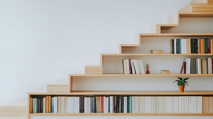 Built-in bookshelf under the stairs, combining functionality and style with neatly arranged books and decor, optimising space in a modern and creative way