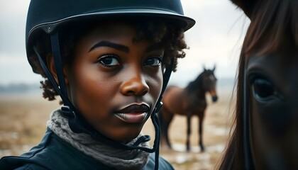 Fototapeta premium Young black woman horse rider with copy space