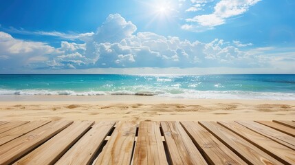 Fototapeta premium Calm sea horizon view from a weathered wooden platform, evoking tranquility