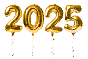 Shiny golden balloons forming the number 2025 isolated on a transparent background, symbolizing celebration and future events. Perfect for New Year, parties, or milestone occasions