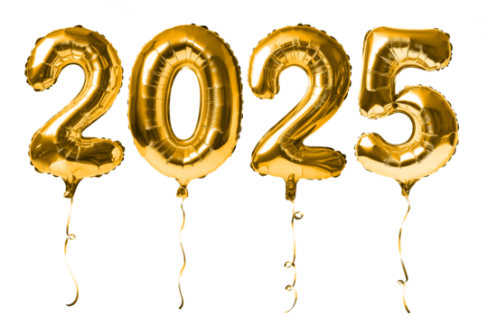 Shiny golden balloons forming the number 2025 isolated on a transparent background, symbolizing celebration and future events. Perfect for New Year, parties, or milestone occasions