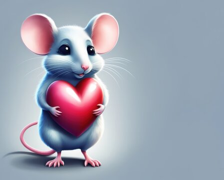 Eine fr&ouml;hliche graue Maus mit rosa Ohren h&auml;lt ein rotes Herz und wird von kleinen, schwebenden Herzen umgeben, auf dunklem Hintergrund &ndash; ideal f&uuml;r eine Valentinstagskarte. Generative KI.