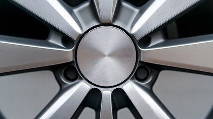 Obraz premium Center button on an aluminium wheel, showcasing its sleek design and metallic finish, emphasising precision engineering and modern automotive aesthetics