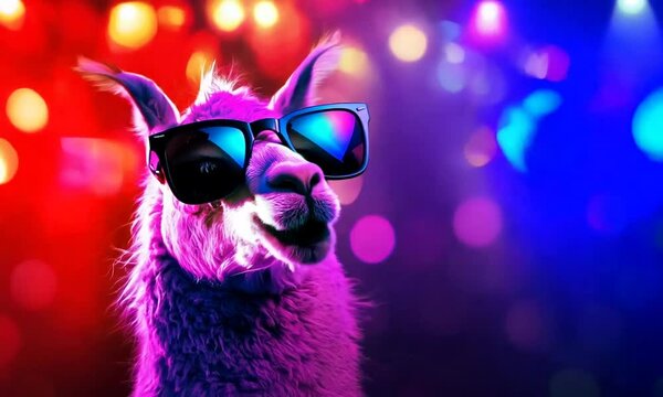 cool lama with sunglasses on disco background