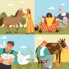 Farm Life Collage with Animals and People
