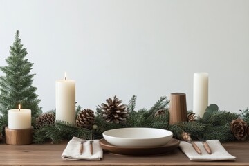 Christmas Scandi holiday dining table with pine garlands, white candles, and natural wooden accents, minimal background with copy space