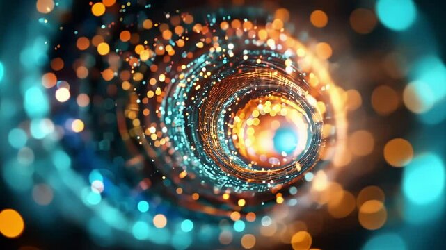 An underground cavern filled with swirling glowing particles representing the sea of quarks and gluons within a proton.