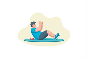 Fat man doing sport exercises, cartoon vector illustration isolated on white background. Fat man getting fit. Vector illustration.