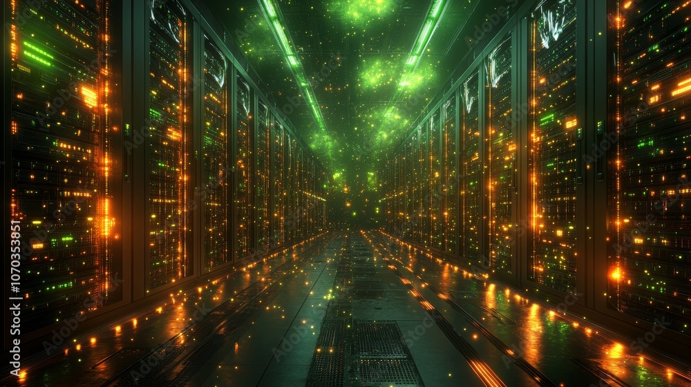 Aufkleber a dynamic light effect illuminates a data center corridor.