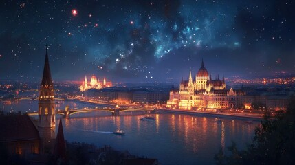 Fototapeta premium Hungarian Parliament Building under Starry Night