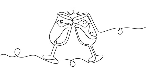 Hand drawn hands hold wine clinking glasses one line art,continuous drawing contour.Cheers toast festive decoration for holidays,romantic Valentine's Day design.Editable stroke. Isolated.Vector