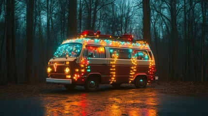 A cozy camper van adorned with Christmas lights parked in a serene forest during twilight