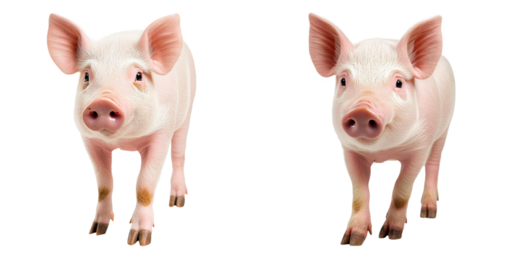 Portrait of a young fluffy white piglet standing in a studio setting with a peaceful curious expression on its face  The piglet s soft fur snout ears and eyes are the focus of this closeup