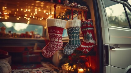 Festive Christmas stockings decorated in a cozy camper van for the holiday season
