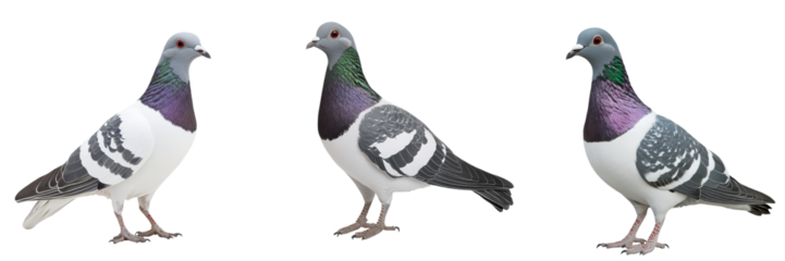 A group of graceful pigeons in a flock with their distinctive grey and white plumage and hints of purple flying against a minimalist geometric background  This digital offers a simple