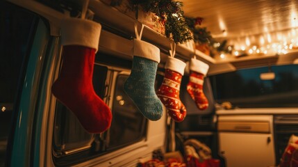 Close-up of colorful Christmas stockings decorated in a cozy camper van interior for the holidays