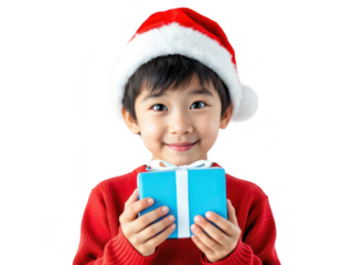 Portrait of a young boy in a Santa hat holding a present with curiosity, isolated on transparent background