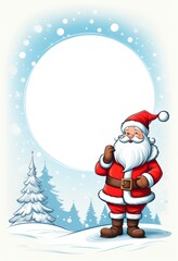 Fototapeta premium Ein fröhlicher Weihnachtsmann mit grünem Geschenkesack steht in einer verschneiten Landschaft, umgeben von winterlicher Ruhe. Perfekt für Weihnachtskarten mit Textfreiraum. Generative KI.