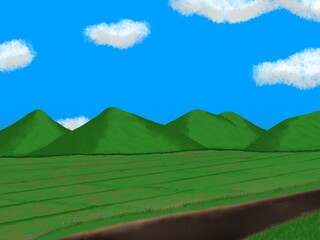 Rice field view with mountains