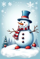 Fototapeta premium Ein fröhlicher Schneemann mit blauem Zylinder und rot-weißem Schal steht im Schnee, umgeben von Schneeflocken und Christbaumkugeln, mit viel Textfreiraum oben. Generative KI.