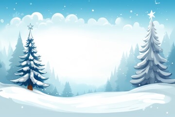 Fototapeta premium Eine ruhige Winterlandschaft mit verschneiten Tannen und sanftem Schneefall unter einem klaren blauen Himmel, ideal für Textfreiraum. Generative KI.