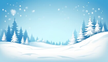 Eine weite, ruhige Winterlandschaft mit schneebedeckten Hügeln und Tannenbäumen, perfekt als Hintergrund mit großzügigem Platz für Text. Generative KI.