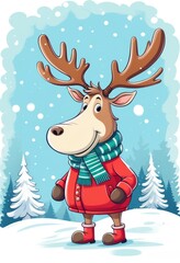 Fototapeta premium GPTEin süßes Rentier mit grünem Schal und rotem Mantel steht im Schnee, umgeben von schneebedeckten Tannen, perfekt für eine Weihnachtskarte. Generative KI.