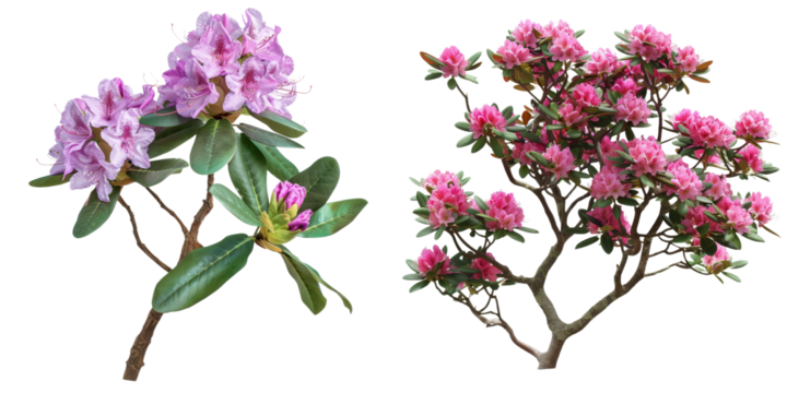 Stunning close up view of vibrant pink and purple rhododendron flowers blooming on a lush verdant shrub or bush set against a scenic natural landscape