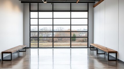 Breakout room with reclaimed wood benches, metal accents, and a large floortoceiling window with steel framing   breakout room, reclaimed wood