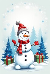 GPT

Ein lächelnder Schneemann mit rotem Schal und Mütze steht fröhlich im Schnee, umgeben von Tannen und Geschenken, mit freiem Platz für Text oben. Generative KI.