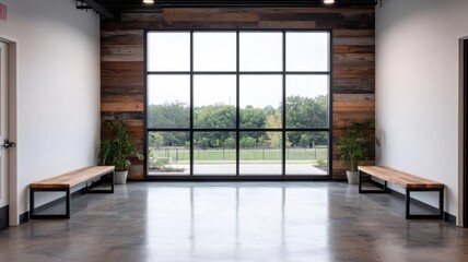 Breakout room with reclaimed wood benches, metal accents, and a large floortoceiling window with steel framing   breakout room, reclaimed wood