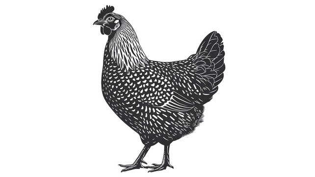 Chicken. Hen illustration isolated on white. Vintage retro print sketch of chicken. Black and white hen silhouette. For logo, menu, farm illustration.