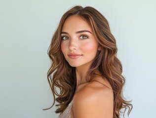 Naklejka premium A beautiful woman with long, dark brown hair styled in sleek waves is featured against an isolated white background.