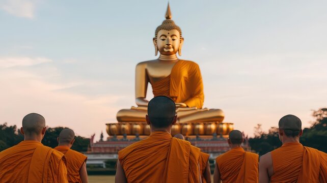 Buddhist temple at sunrise, with monks chanting in front of a giant golden Buddha statue   Buddhist belief, temple serenity