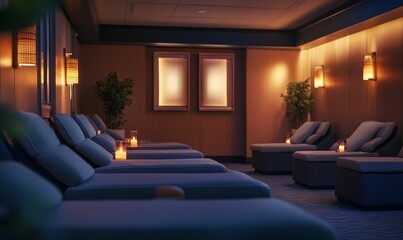 Fototapeta premium Relaxing spa lounge with candles and soft lighting.