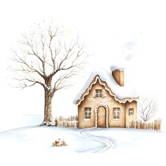 Watercolor Gingerbread House in Winter Wonderland with Snowy Tree