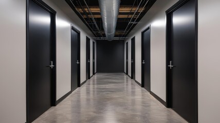 Business center hallway with black steel doors, concrete flooring, and exposed ductwork on the ceiling   hallway design, exposed ducts
