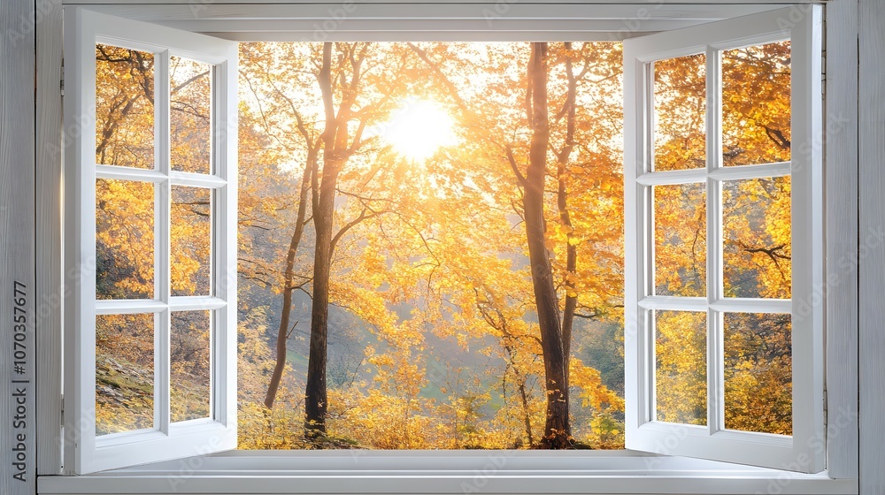Poster Sunlight Through Autumn Trees Seen From Open Window