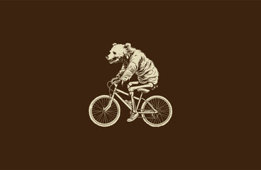 Naklejka premium Bear skeleton riding bicycle engraving logo design vector vintage