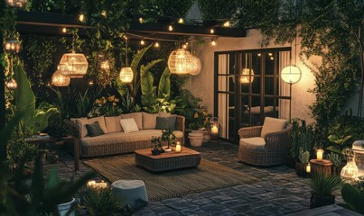 Cozy outdoor patio with wicker furniture and string lights.