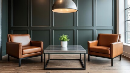 Business center waiting area with leather chairs, a metal coffee table, and a large industrial pendant light   waiting area, industrial chic