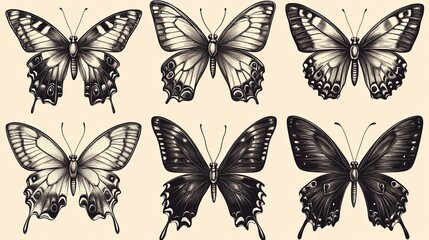 A variety of black-and-white illustrations of butterflies