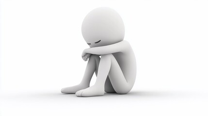 A simple 3D illustration of a person sitting with their head down, depicting sadness or depression.