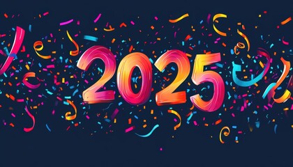 colorful streamers and numbers flying on a dark blue background, with 2025 written in the middle. Happy New Year concept
