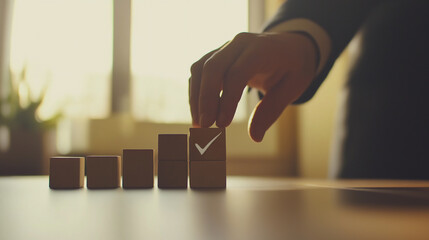 Hand arranging blocks with check mark, business success, goal achievement concept, strategic planning, career progression, growth steps