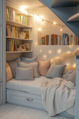 Illustration of a very comfortable reading nook under the stairs, with bookshelves and a sitting area with soft pillows and blankets.